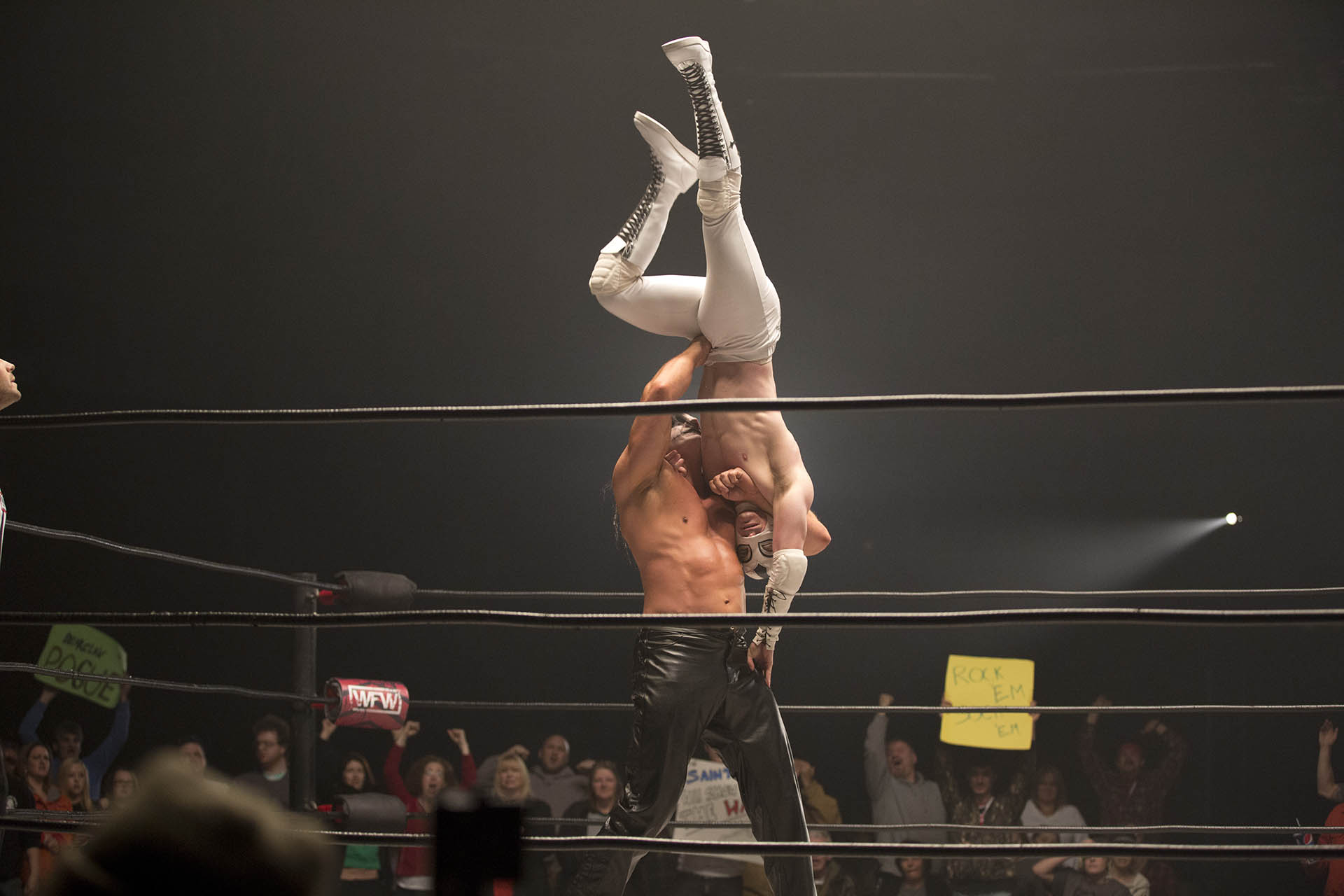 Wrestling action scene from The Masked Saint